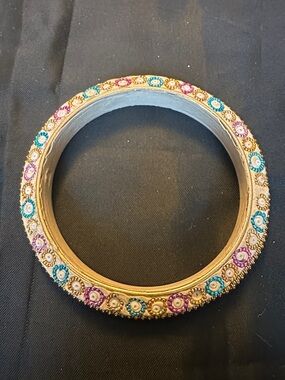 Gold Tone Floral Accent Bangle Bracelet in Turquoise and Purple